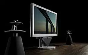 Bang & Olufsen BeoVision 4 103 on motorised floor stand with BeoLab 10 center speaker and BeoLab 5 as rear speaker wide wallpapers and HD wallpapers