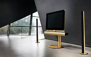 Bang & Olufsen BeoVision 7 40 with BeoLab 7 2 on motorised floor stand with BeoLab 6002 golden series wide wallpapers and HD wallpapers